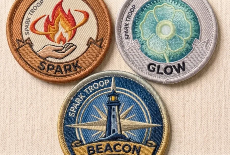 Three embroidered SparkTroops badge patches — Spark with a flame over an open hand, Glow with a blooming flower, and Beacon with a lighthouse over a compass rose