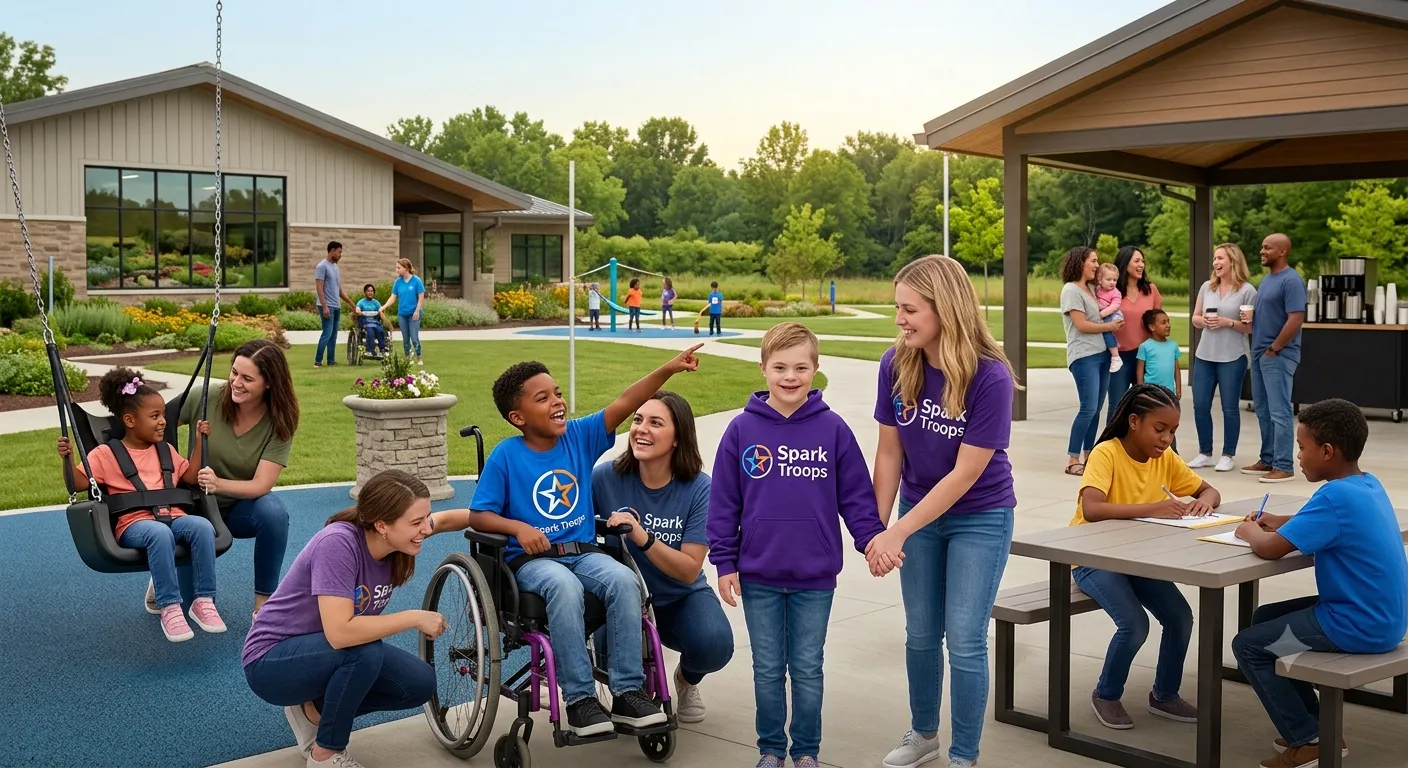 Adults guiding children across an outdoor program space — at an adaptive swing, alongside a child in a wheelchair, and at a sign-up table under a pavilion