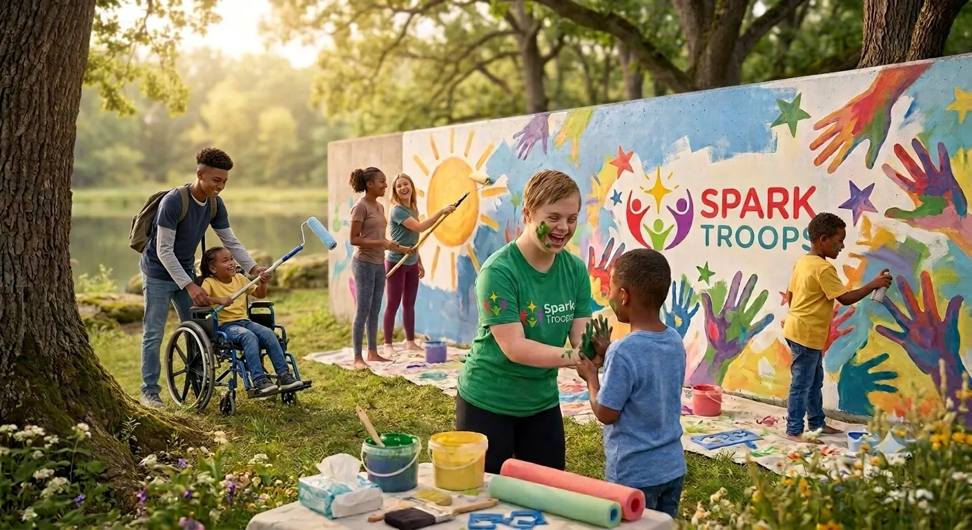Volunteers and children painting a community mural together, paint buckets and rollers in the foreground