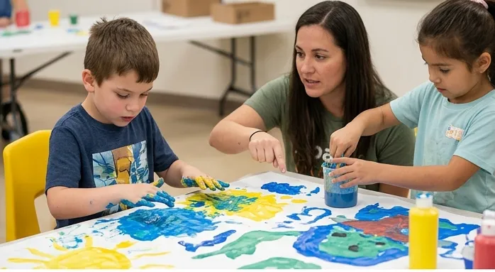 A volunteer painting at a table with two children, guiding their hands through a colorful finger-painting project